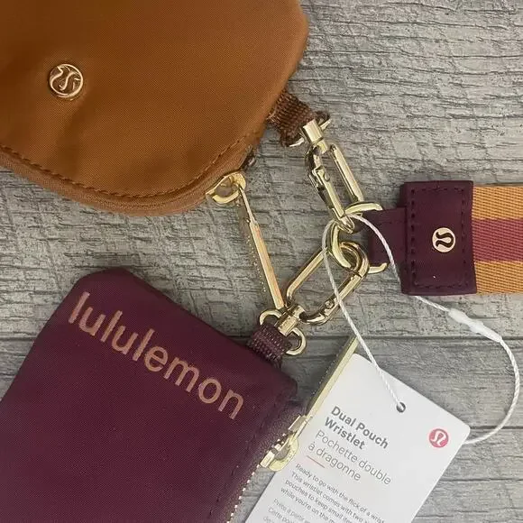 Lululemon Dual Pouch Wristlet Wallet Keychain Maroon Gold Tan Wordmark Strap
